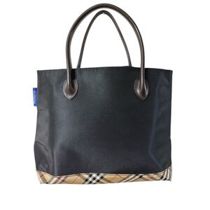 Burberry Black Tote with Check Trim and Brown Handles